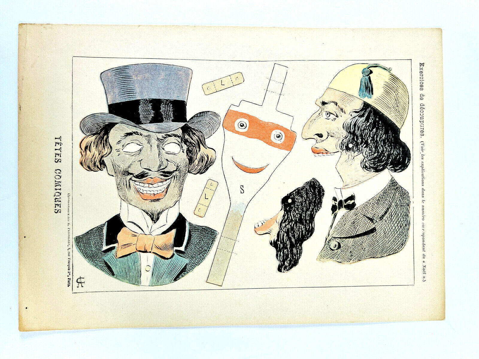 RARE uncut 1900\'s French Paper Game \'Tets Comiques\' Head Comics Puppet