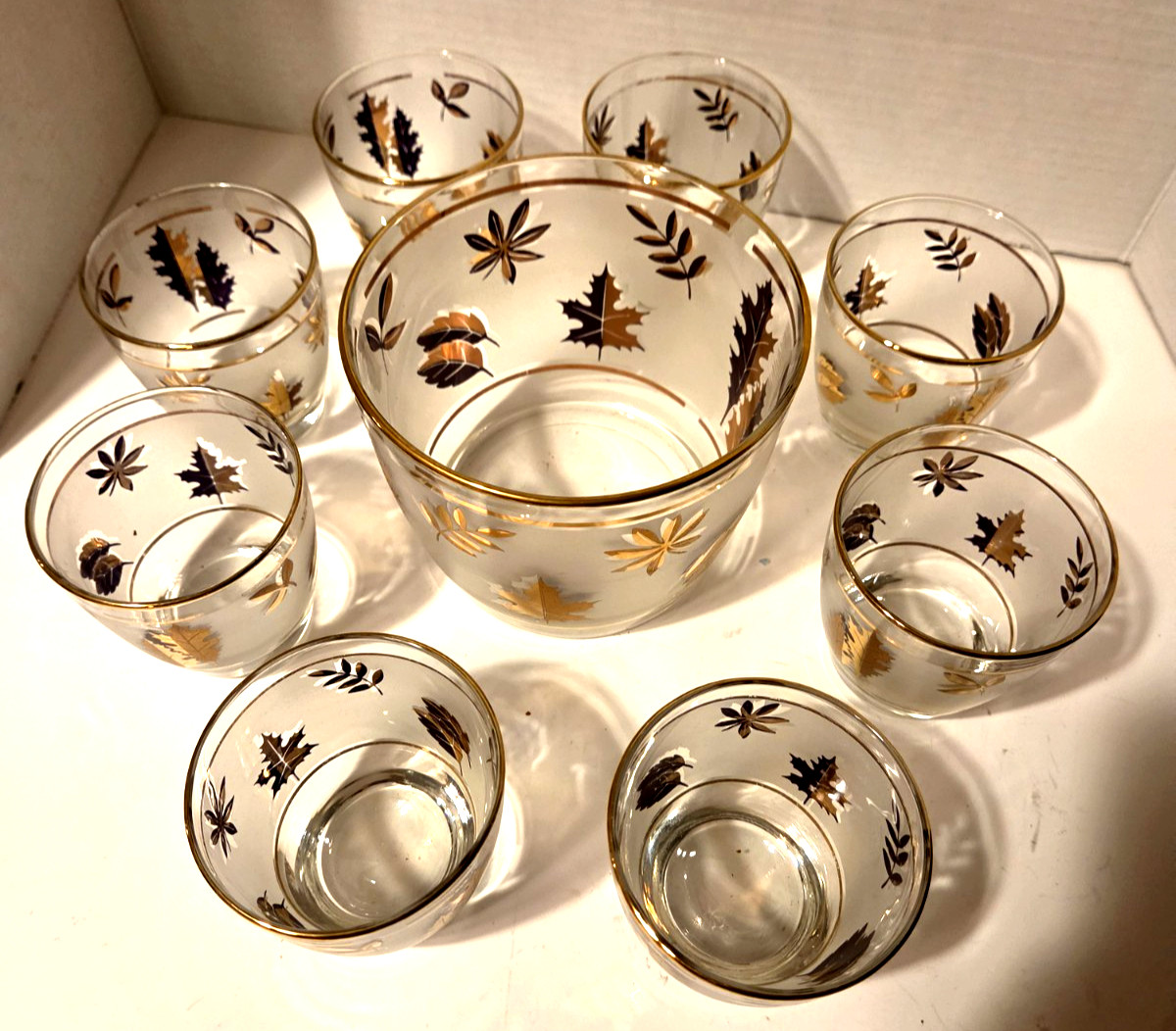 Vintage MCM BAR Set of 8 Libby Golden Foliage lowball glasses & ice bucket Vintage MCM BAR Set of 8 Libby Golden Foliage lowball glasses & ice bucket