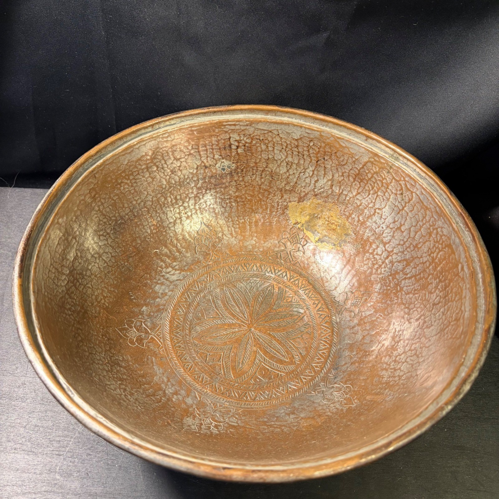 Antique Persian Hand Engraved Tinned Copper Footed Bowl Floral Etched 9.5\
