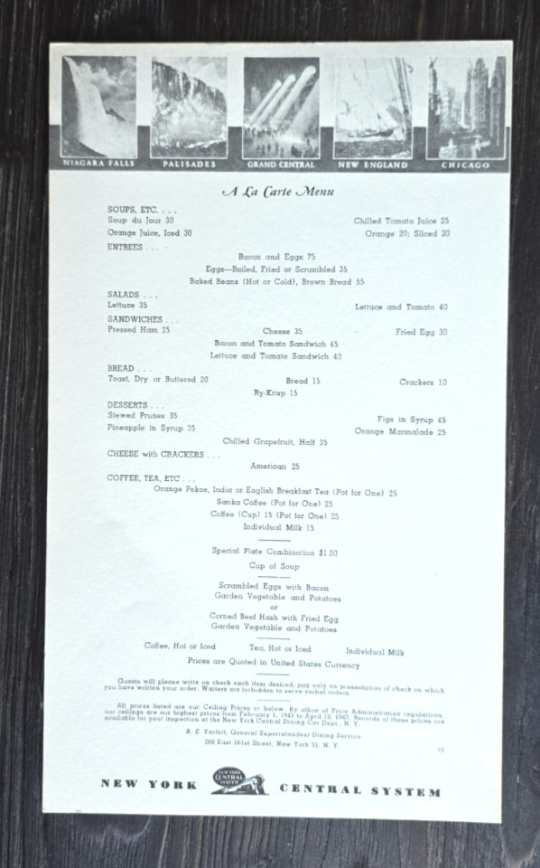 Vintage 1943 NYC New York Central Railroad - a la carte Menu Dining Car Vintage 1943 NYC New York Central Railroad - a la carte Menu Dining Car