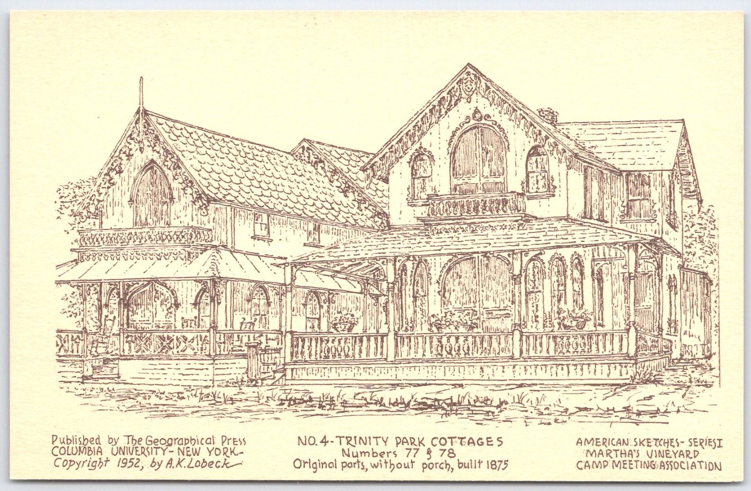 Vintage 1952 Trinity Park Cottages Postcard Martha\'s Vineyard Series