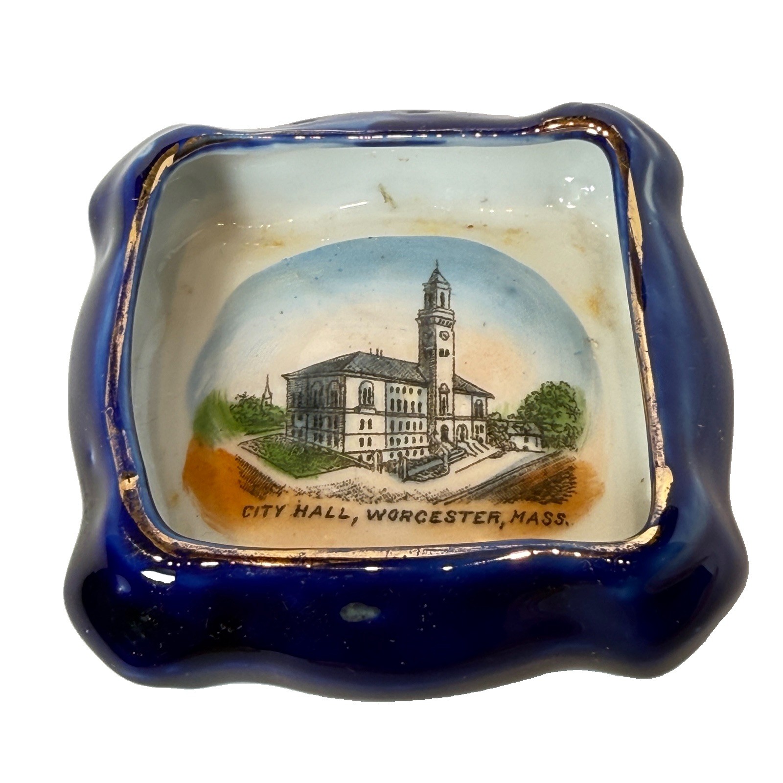 CITY HALL - WORCESTER MA Massachusetts Souvenir Porcelain COBALT TRINKET DISH CITY HALL - WORCESTER MA Massachusetts Souvenir Porcelain COBALT TRINKET DISH