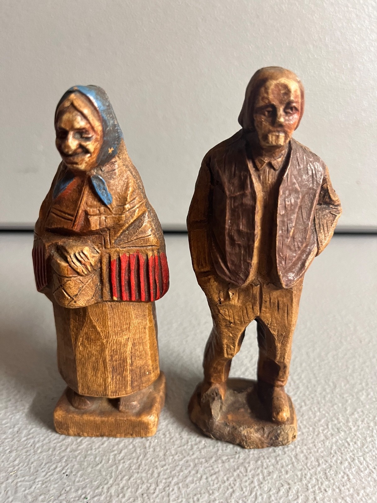 Vintage Hand Carved Wood Folk Art Man & Woman Figurines Painted Pair 4.5 Vintage Hand Carved Wood Folk Art Man & Woman Figurines Painted Pair 4.5