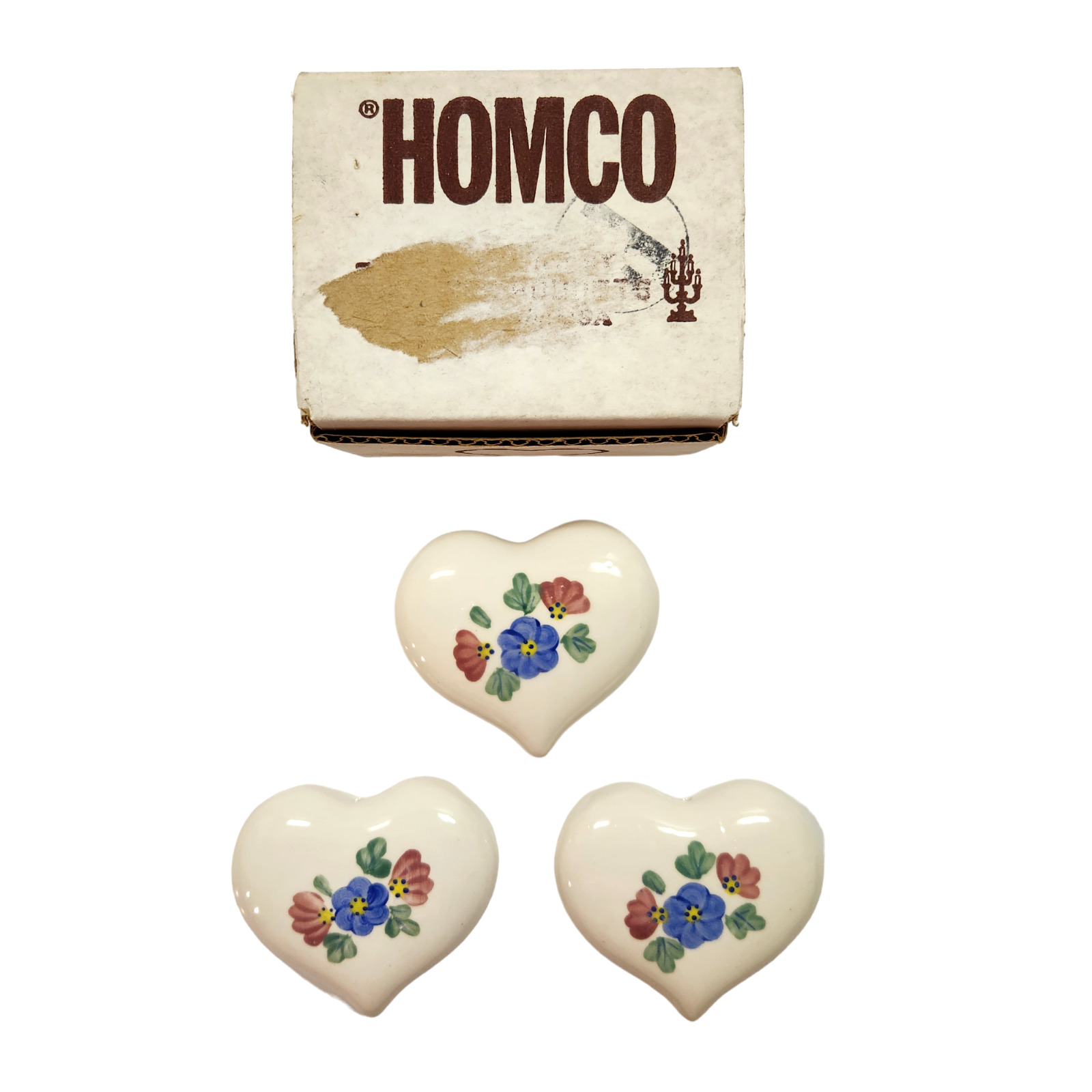 Vintage 1980s Set of 3 Homco Hand Painted Ceramic Hearts USA Hang or Table w/Box