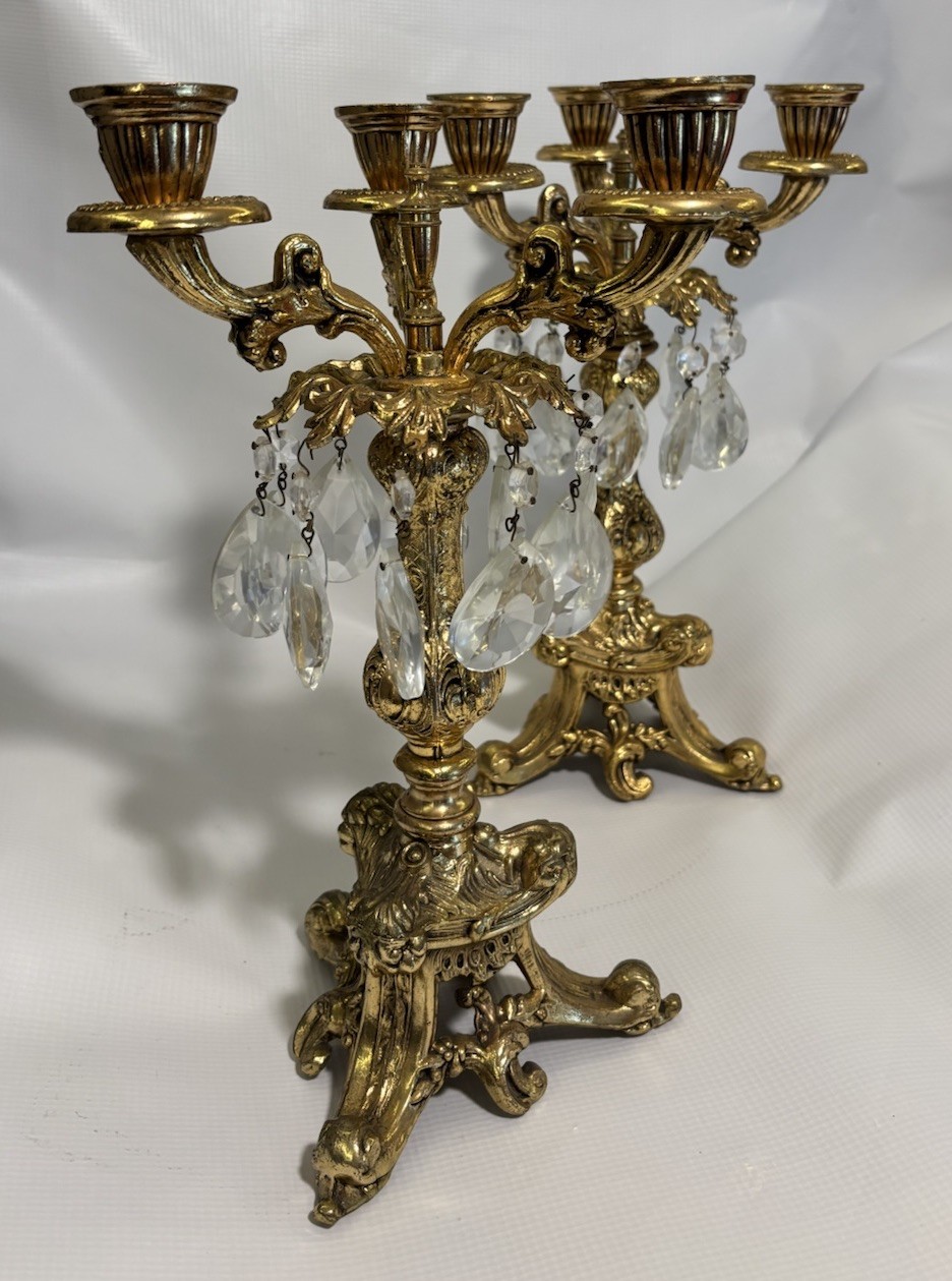Antique Pair Rococo Revival Baroque Style Brass Crystals 3 Arm Candelabras #5217 Antique Pair Rococo Revival Baroque Style Brass Crystals 3 Arm Candelabras #5217