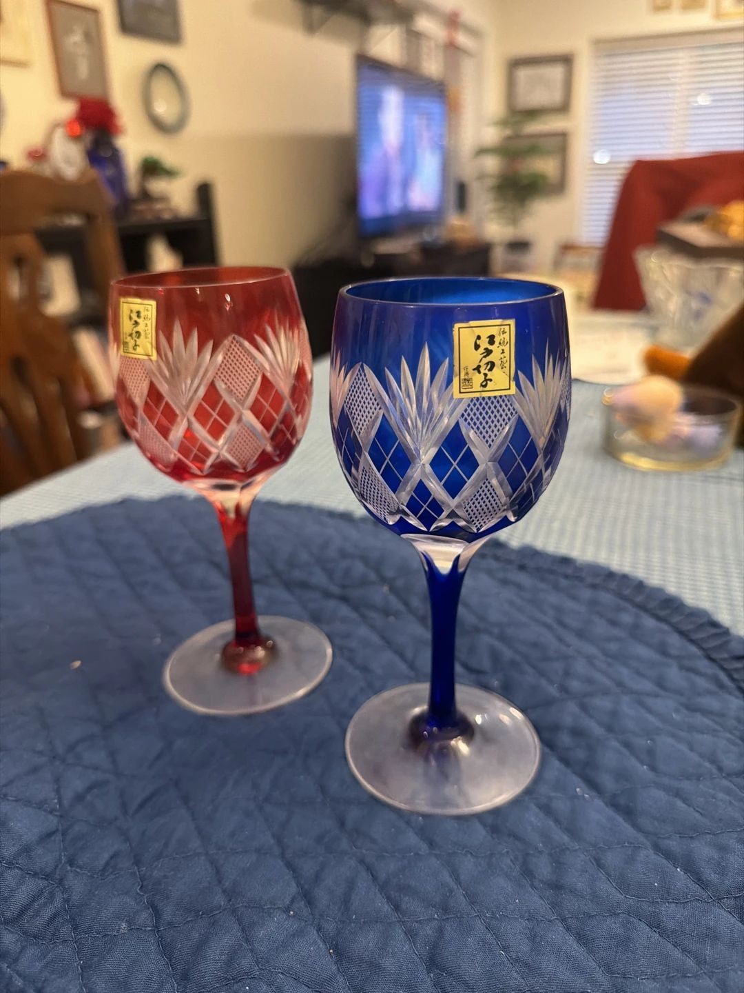 Pair of Japanese Edo Kiriko Cut Glass Wine Glasses in Red and Blue Pair of Japanese Edo Kiriko Cut Glass Wine Glasses in Red and Blue