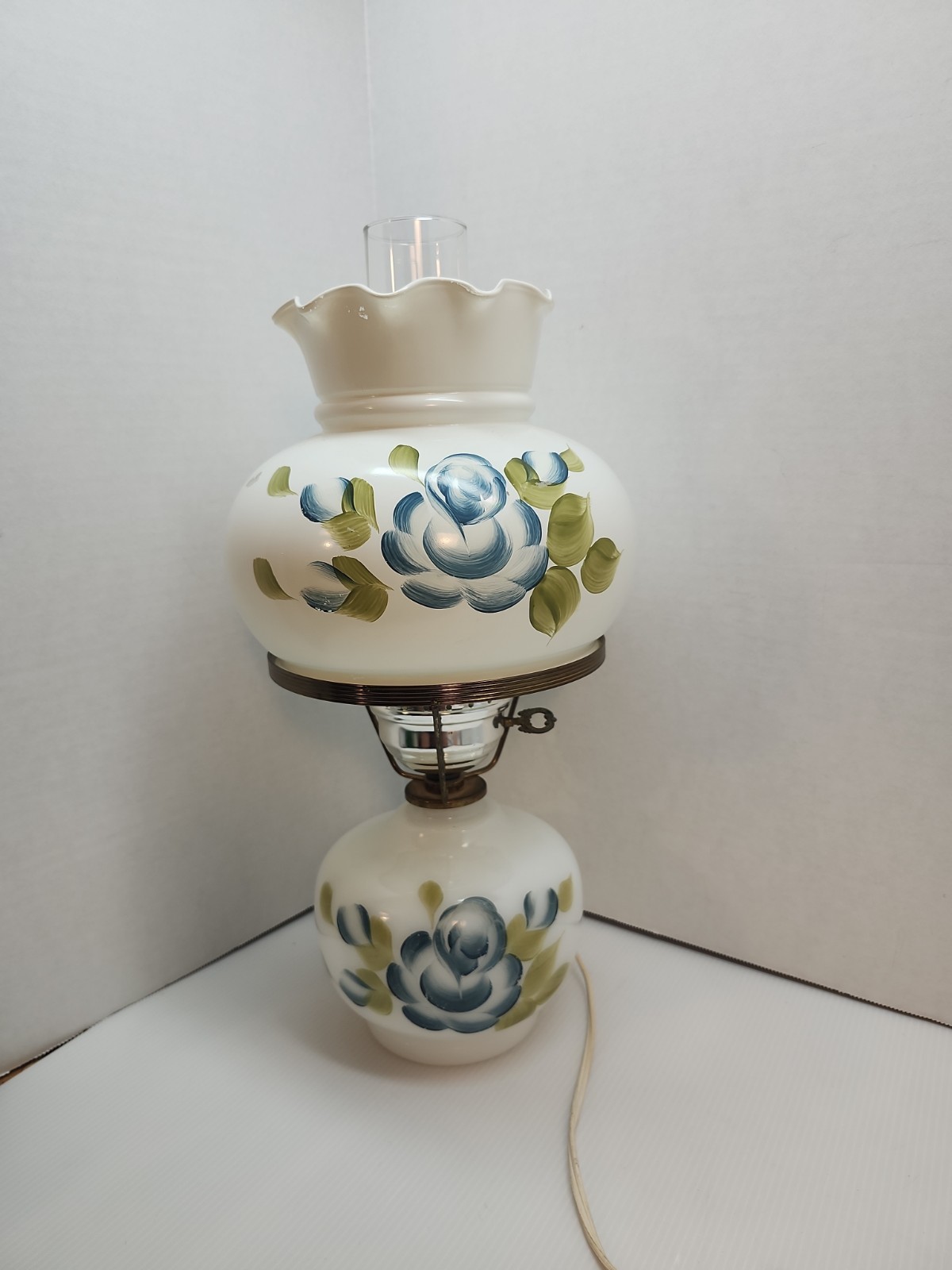 Vintage Hurricane White Glass Lamp Hand Painted Blue Rose Motif Vintage Hurricane White Glass Lamp Hand Painted Blue Rose Motif