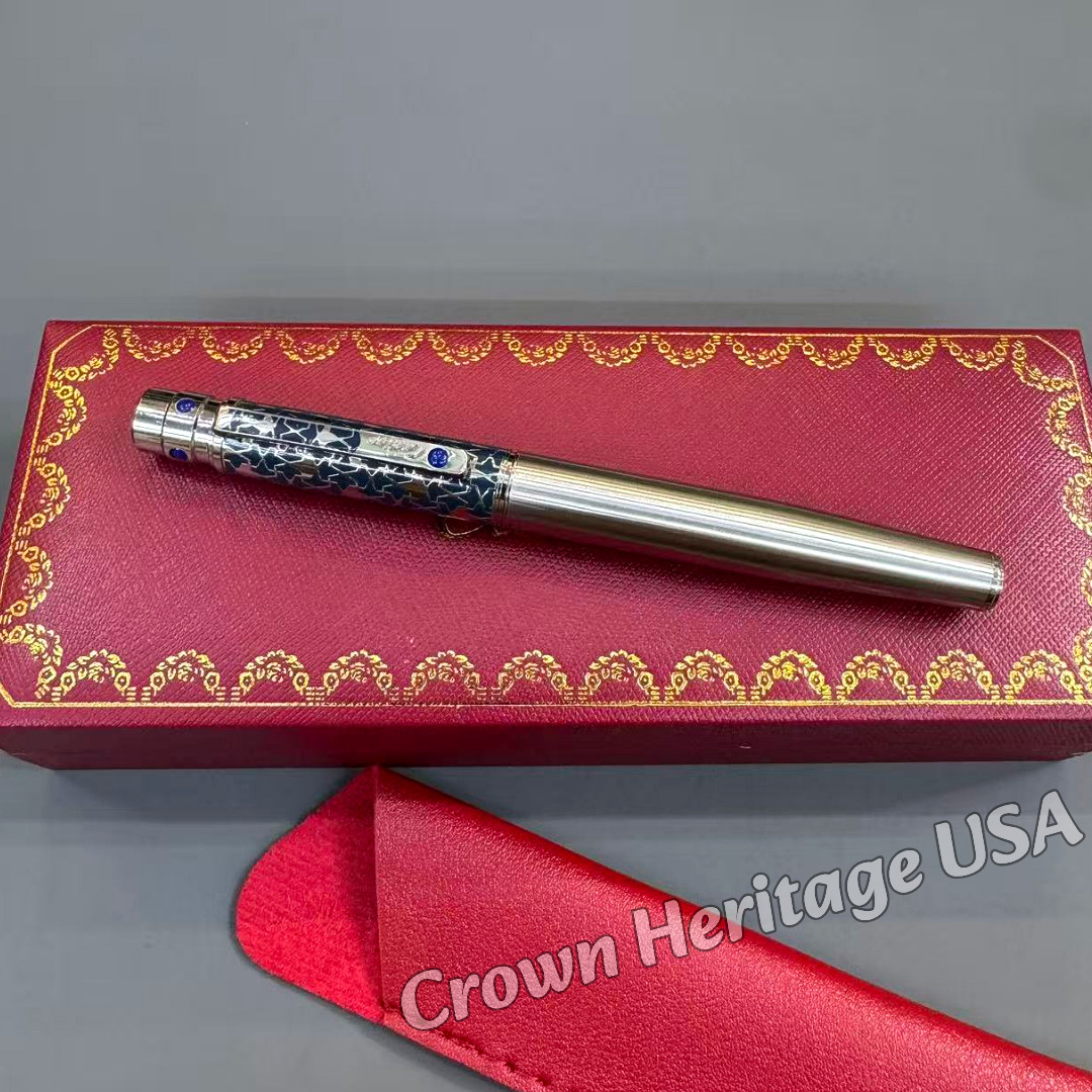 CARTIER Santos de Cartier Dark Blue Design Rollerball Pen Silver Tone with Box