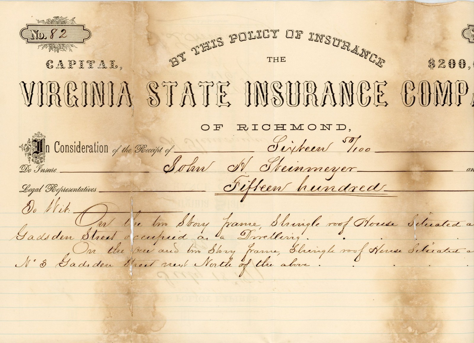 1876 Charleston SC Fire Insurance Policy Virginia State John H Steinmeyer Signed