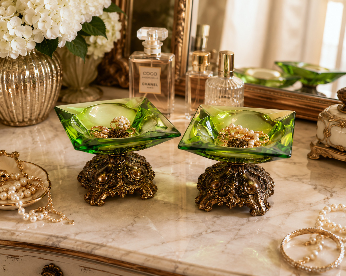 Pair Vintage Green Glass Ashtrays Footed Pedestal Ornate Metal Bases Décor MCM Pair Vintage Green Glass Ashtrays Footed Pedestal Ornate Metal Bases Décor MCM