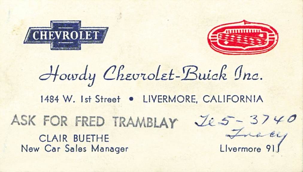 1940s HOWDY CHEVROLET BUICK CAR DEALERSHIP C. Buethe BUSINESS CARD Livermore CA