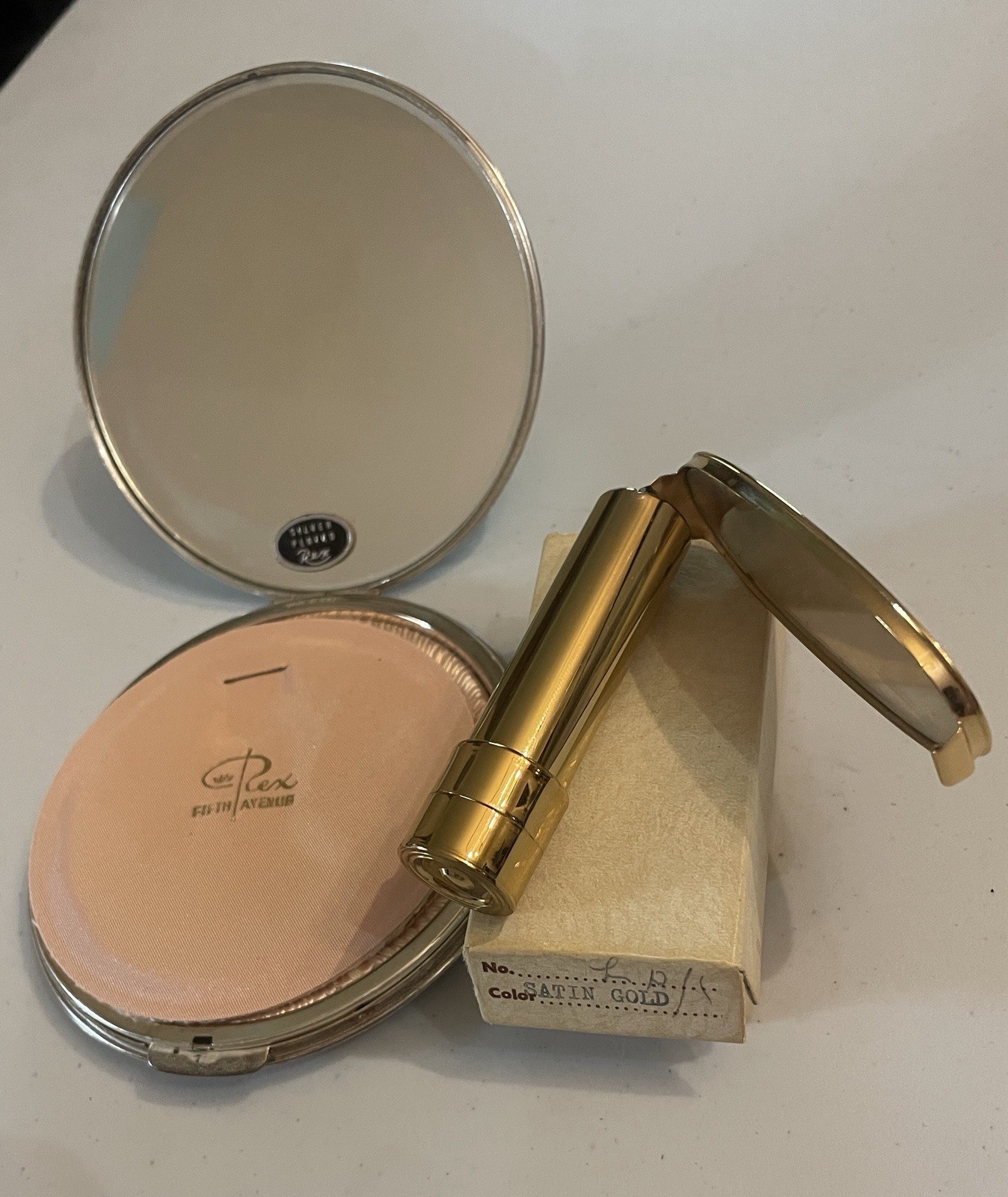 Vintage Rex Fifth Avenue Silver Compact & Satin Gold Lipstick Mirror Holder Set