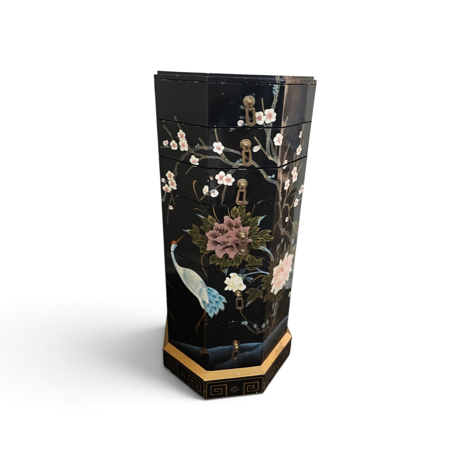Vintage Chinese Black Lacquer Jewelry Armoire Chest Hand Painted Birds Flowers Vintage Chinese Black Lacquer Jewelry Armoire Chest Hand Painted Birds Flowers