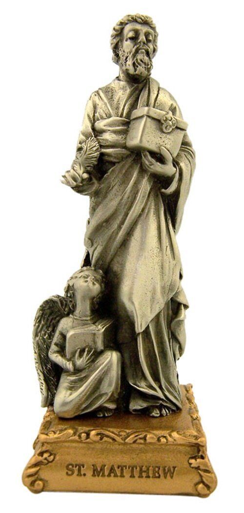 Pewter Saint St Matthew Figurine Statue on Gold Tone Base, 4 1/2 Inch