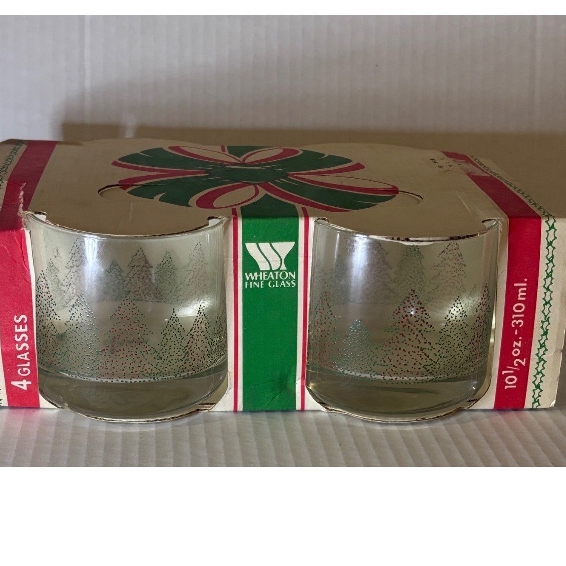 4 Vtg MCM Wheaton Fine Glass lowball rock glasses dotted Christmas tree new NOS 4 Vtg MCM Wheaton Fine Glass lowball rock glasses dotted Christmas tree new NOS