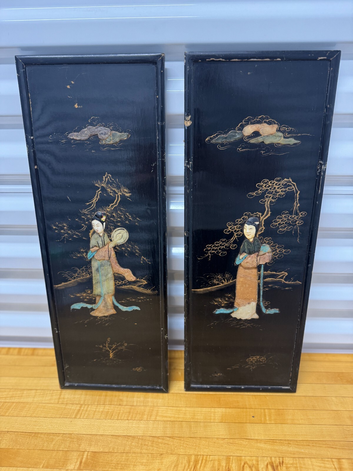 Pair Vintage Chinese Black Lacquer Wall Panels Gold Figures Pair Vintage Chinese Black Lacquer Wall Panels Gold Figures