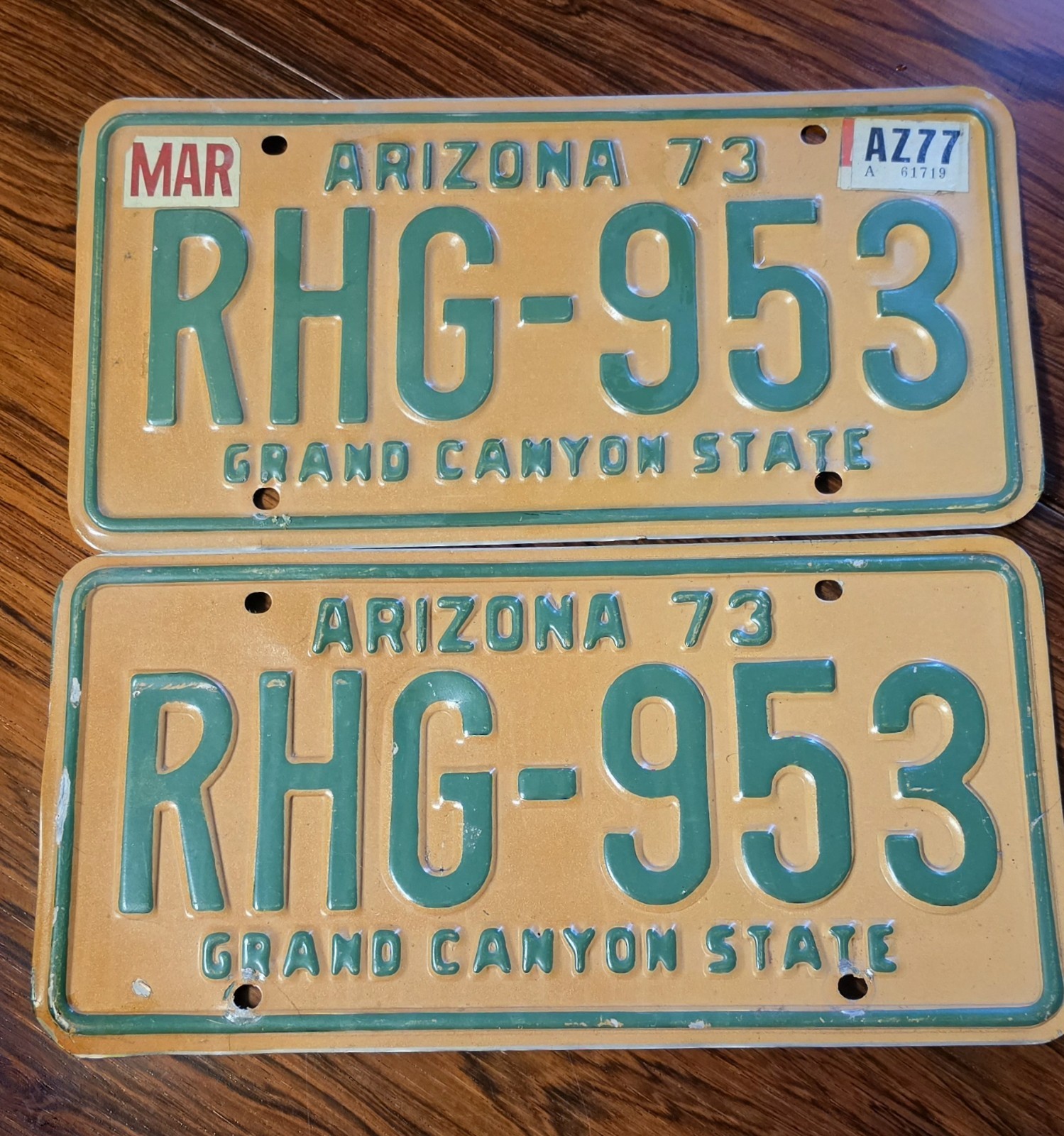Vintage 1973 Arizona License Plates Matcing Pair RHG-953 Grand Canyon State Retr