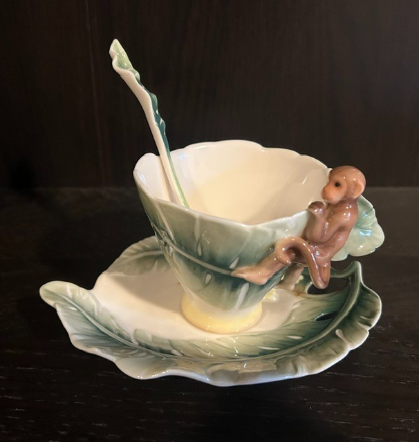 FRANZ Collection Porcelain Jungle Beauties Safari Monkey Cup/Saucer/Spoon Set FRANZ Collection Porcelain Jungle Beauties Safari Monkey Cup/Saucer/Spoon Set
