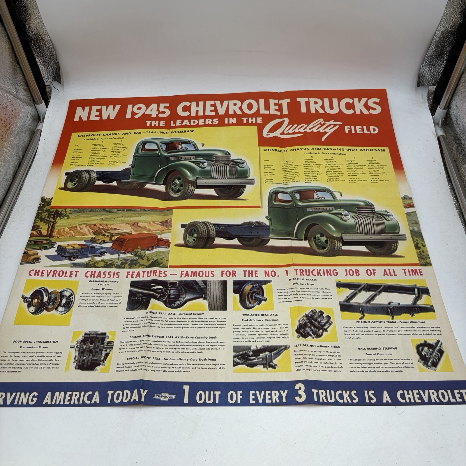 1945 Chevrolet Heavy Duty Truck Sales Brochure Foldout Poster WWII Era Load Mast