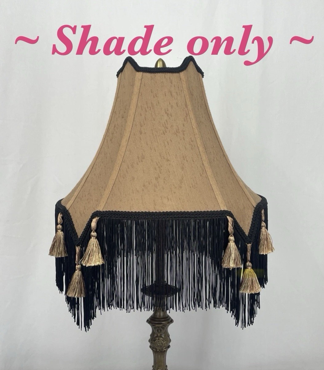 Antique Vtg Style Victorian Art Deco Lamp Shade Gold Beige Black Fringe Large 15