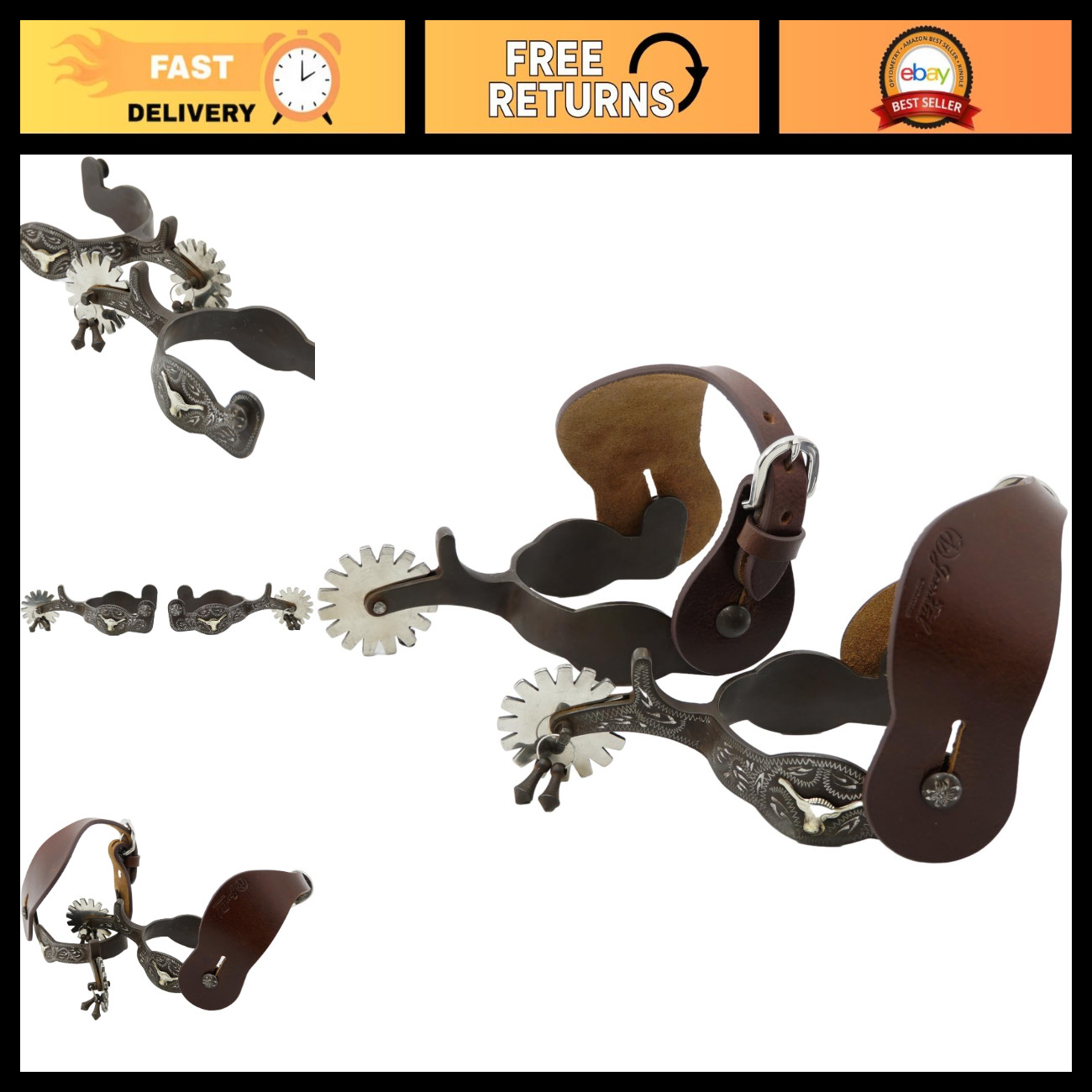 Men\'s Western Antique Spurs with Engraved Silver Trims & Spur Straps - Durable &