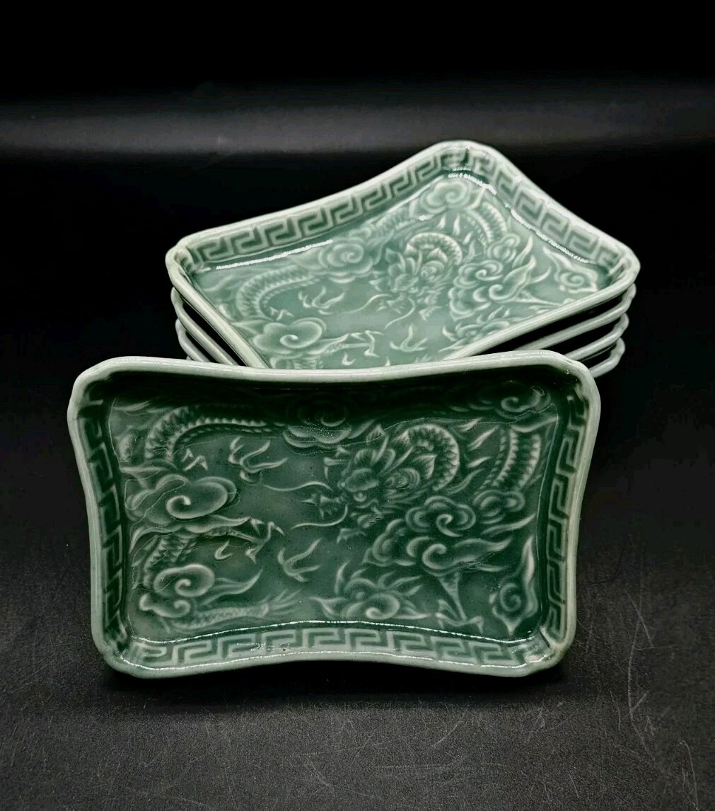 5 Vtg Japan Arita Ware Nabeshima Celadon Dragon Clouds Rectangular Plates 6¾x4¾ 5 Vtg Japan Arita Ware Nabeshima Celadon Dragon Clouds Rectangular Plates 6¾x4¾