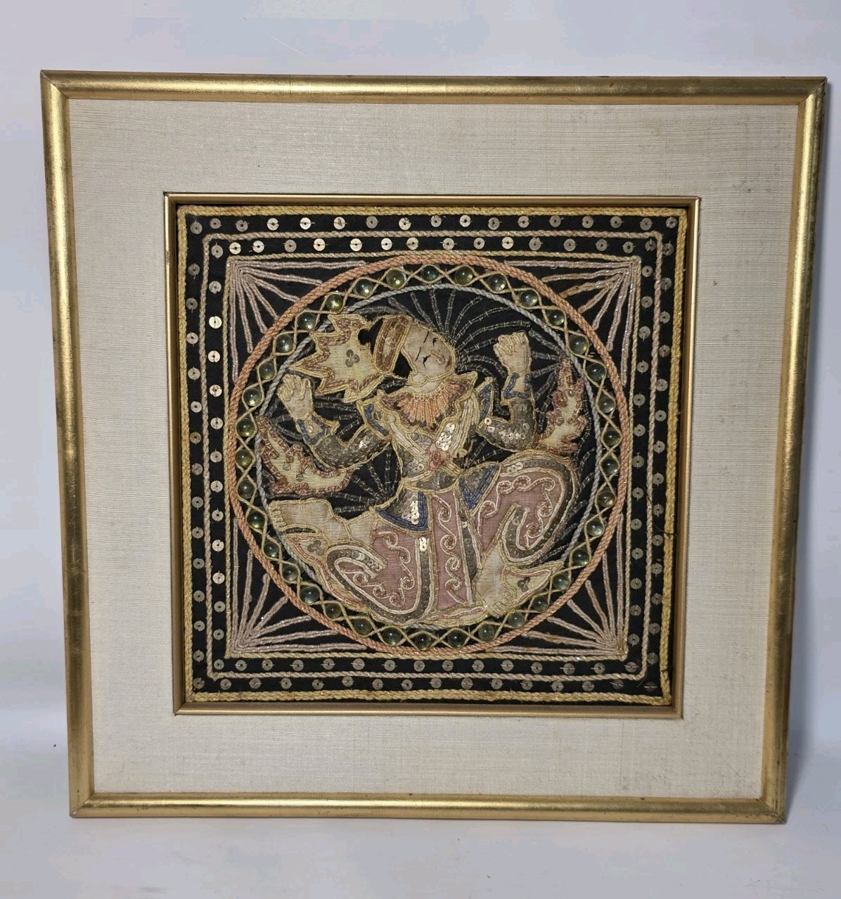 Vtg/Antique Burmese Kalaga Dancer Tapestry Handmade Embroidered Sequin Framed Vtg/Antique Burmese Kalaga Dancer Tapestry Handmade Embroidered Sequin Framed