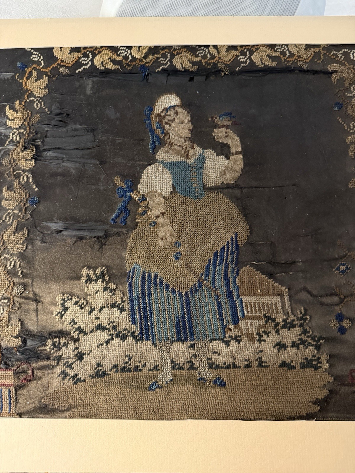 Antique Georgian Ir Victorian Era Petit Point  Needlework on Silk