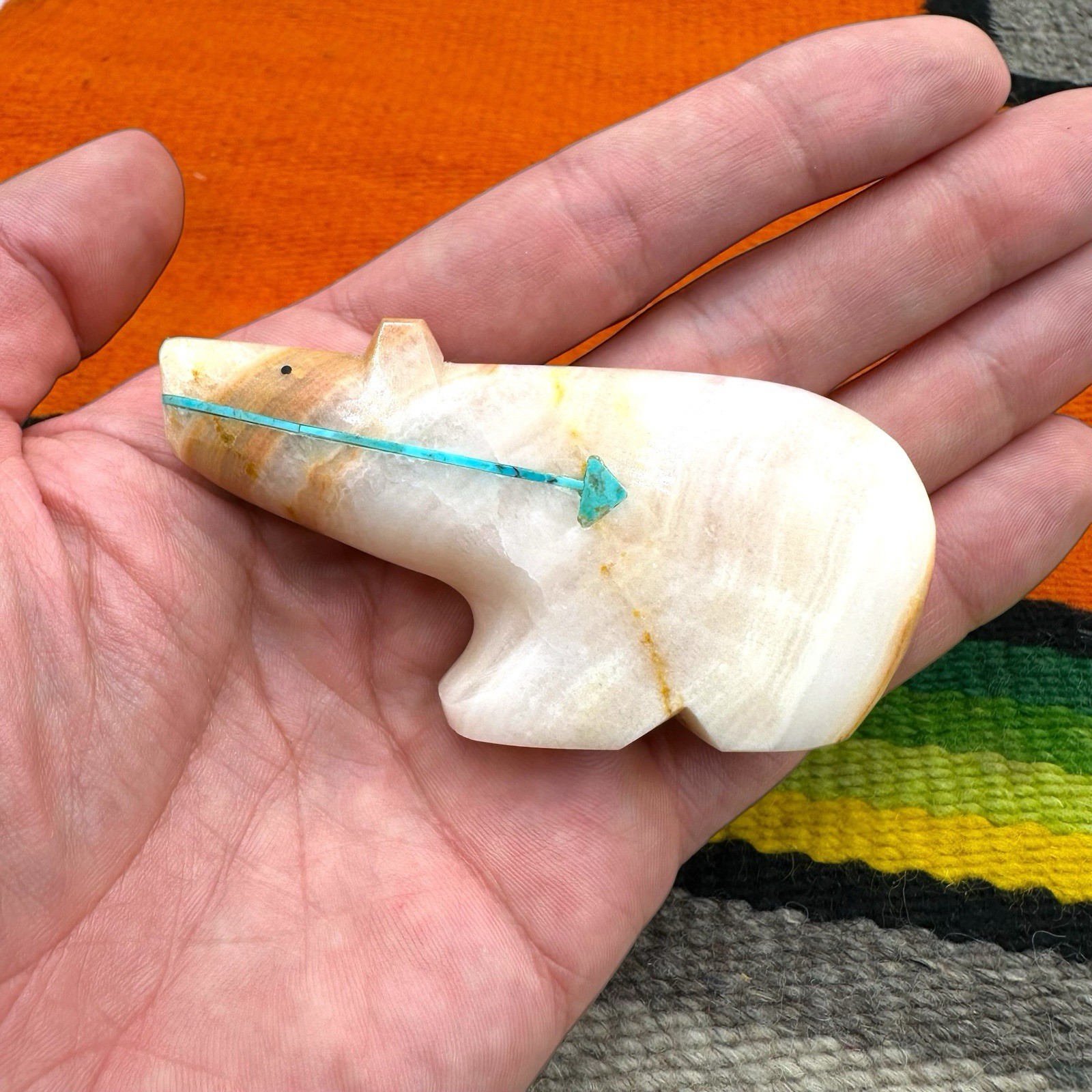 VTG Native American Zuni Bear Fetish Alabaster Inlaid Turquoise Heartline Arrow VTG Native American Zuni Bear Fetish Alabaster Inlaid Turquoise Heartline Arrow