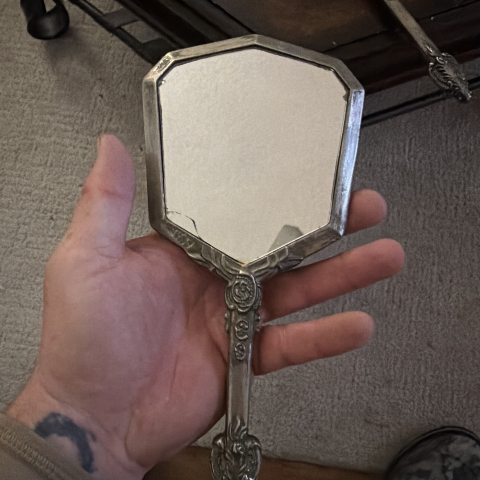 Vintage Octagonal Handheld Mirror w/ Ornate Metal Handle, Glass, 8 in Vintage Octagonal Handheld Mirror w/ Ornate Metal Handle, Glass, 8 in