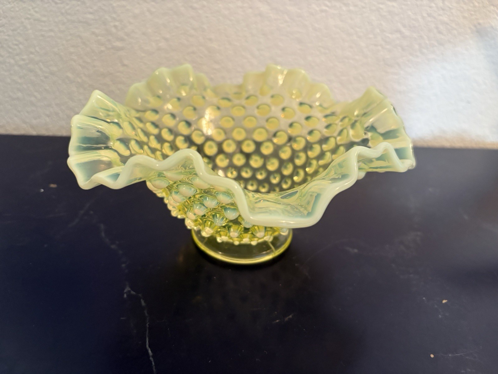 Vintage glass Fenton opalescent Topaz hobnail ruffled bowl dish . 7 Vintage glass Fenton opalescent Topaz hobnail ruffled bowl dish . 7