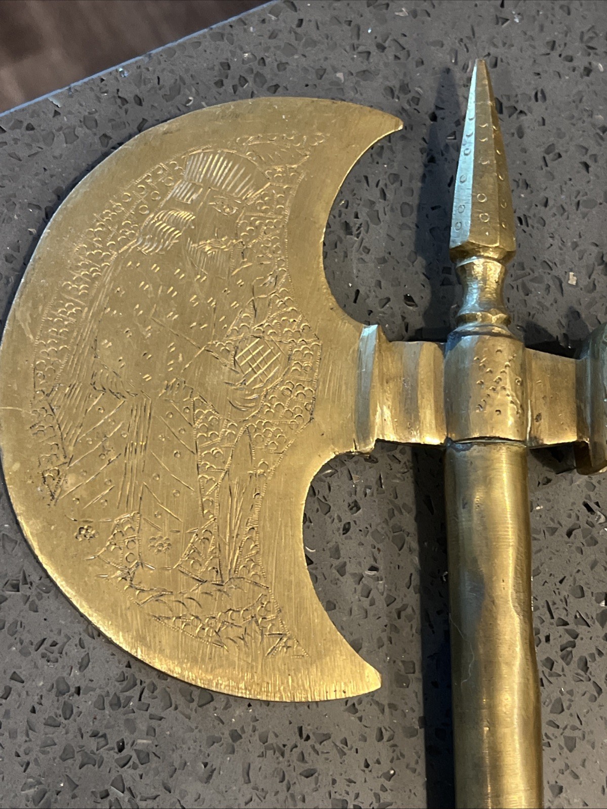 Pair Vintage Brass Ceremonial Battle Axes Polearms Hand Engraved Pair Vintage Brass Ceremonial Battle Axes Polearms Hand Engraved