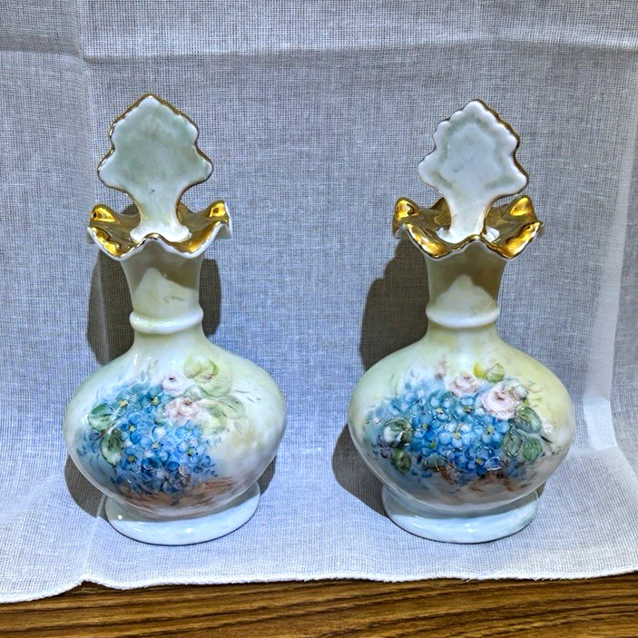 Vintage Nippon hand painted porcelain perfume bottle pair, signed Ethel, gld trm Vintage Nippon hand painted porcelain perfume bottle pair, signed Ethel, gld trm