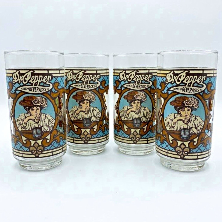 Vintage 1970’s Dr Pepper Glasses “King Of Beverages” Stained Glass Style Vintage 1970’s Dr Pepper Glasses “King Of Beverages” Stained Glass Style