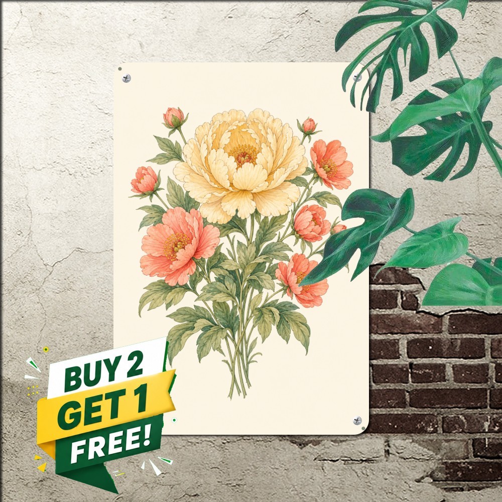 vintage botanical peony illustration centered flower bouquet cream