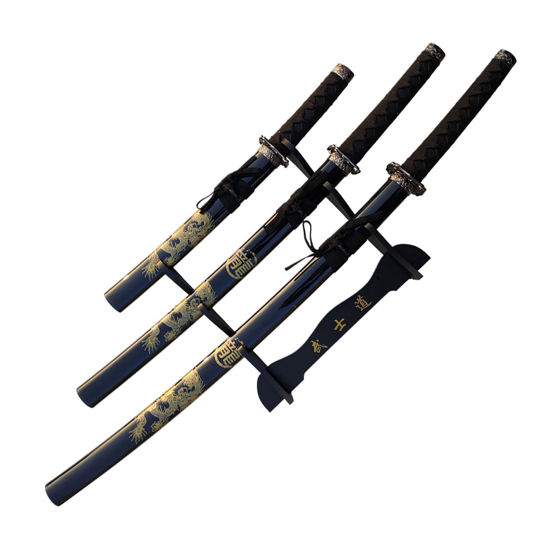 3Pc Black Katana & Gold Dragon Design Japanese Samurai Sword Set Ninja Style wi 3Pc Black Katana & Gold Dragon Design Japanese Samurai Sword Set Ninja Style wi