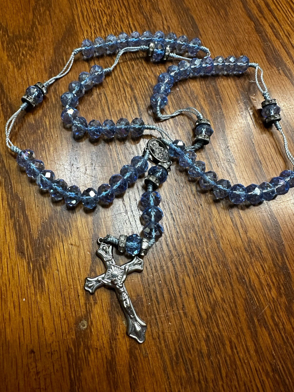 Vintage Faceted Blue Aurora Crystal Bead & Cord Catholic Rosary 20” Long