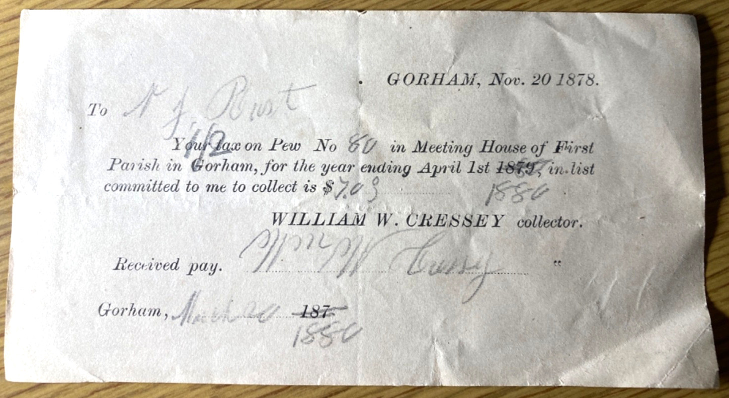 1886 GORHAM, MAINE vintage pew tax ephemera FIRST PARISH CONGRESSIONAL CHURCH 1886 GORHAM, MAINE vintage pew tax ephemera FIRST PARISH CONGRESSIONAL CHURCH