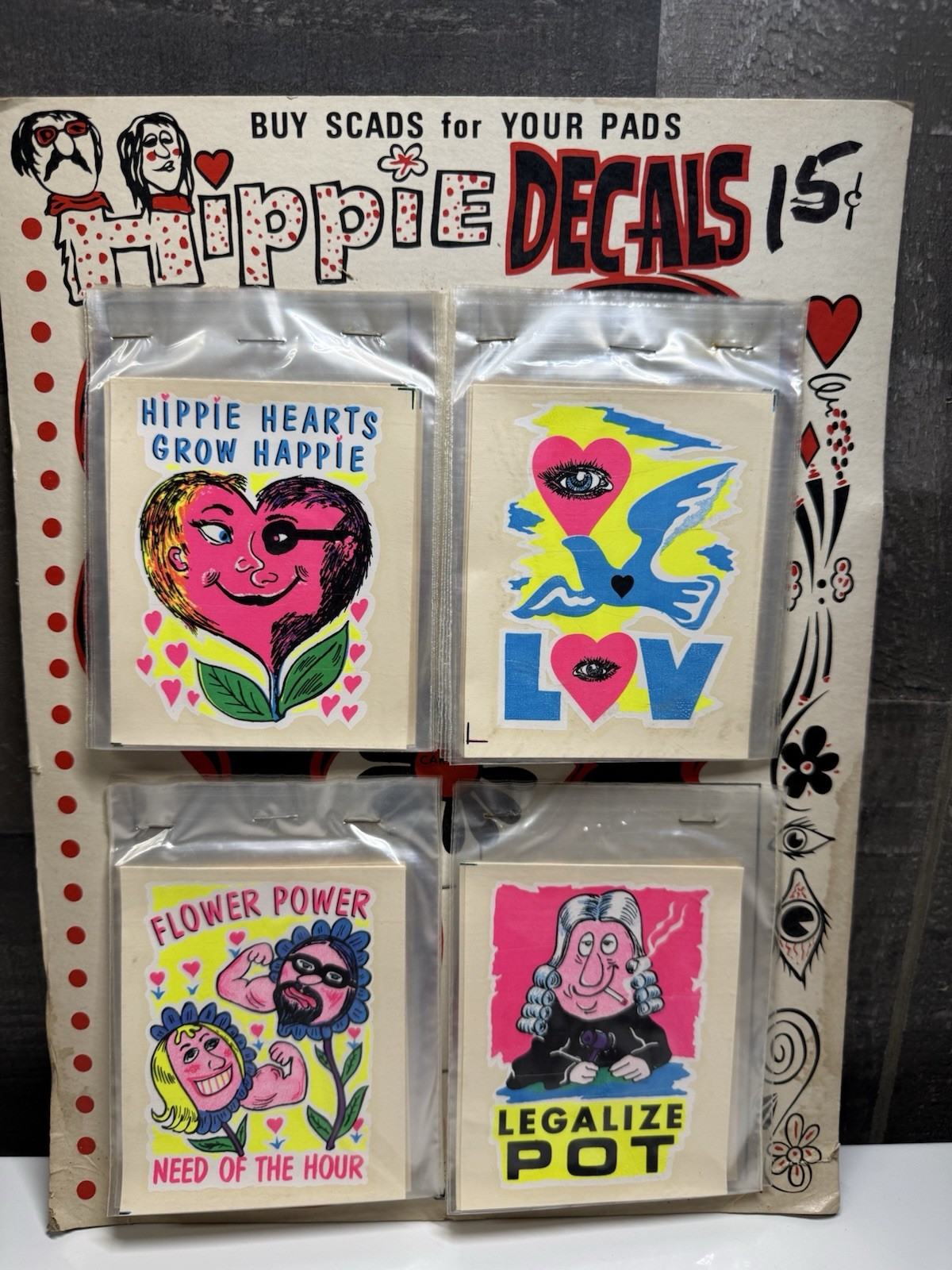 Vtg 1960s IMPKO Hippie Decal Original Display Card LOVE FLOWER POT POWER NOS Vtg 1960s IMPKO Hippie Decal Original Display Card LOVE FLOWER POT POWER NOS