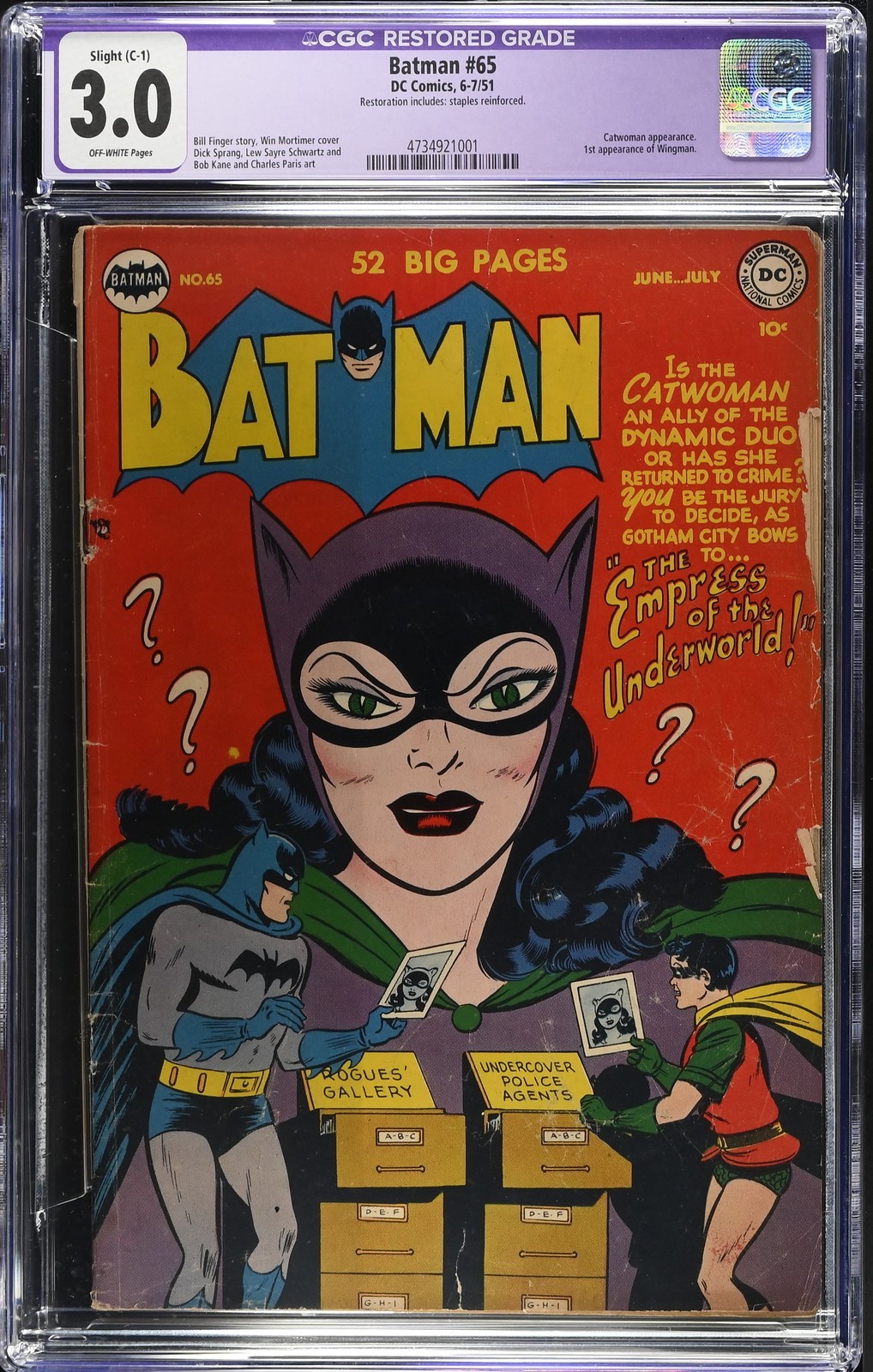 Batman #65 CGC 3.0 Restored Catwoman Appearance Sprang 1951 DC Comics