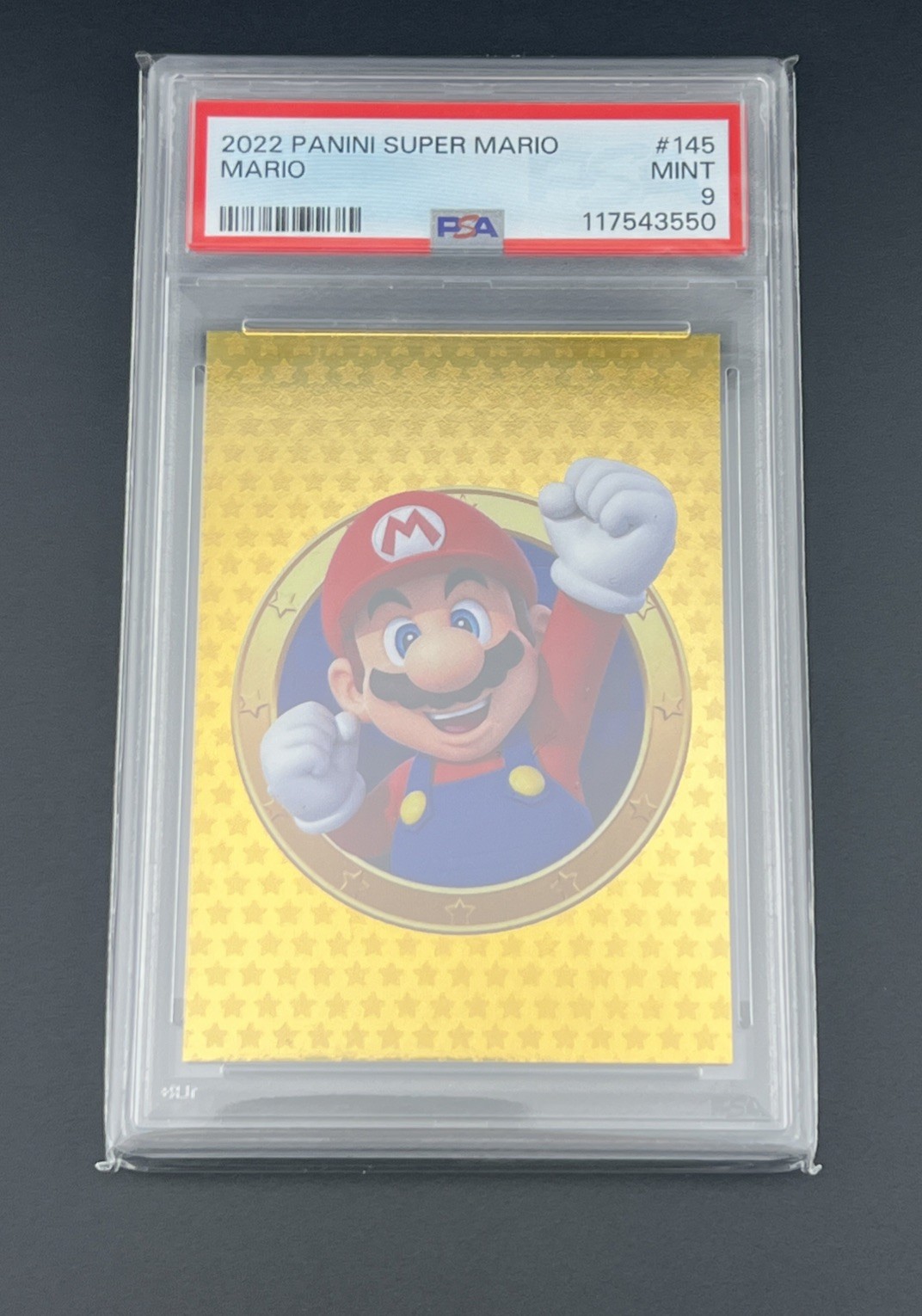 2022 Panini Super Mario Mario (#145) Golden Card PSA Graded 9 Mint 2022 Panini Super Mario Mario (#145) Golden Card PSA Graded 9 Mint