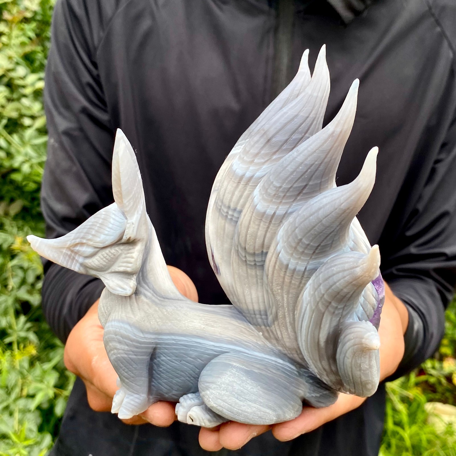 2.2LB   Natural Amethyst Geode Hand Carved Nine-tailed Fox Quartz Crystal Decor