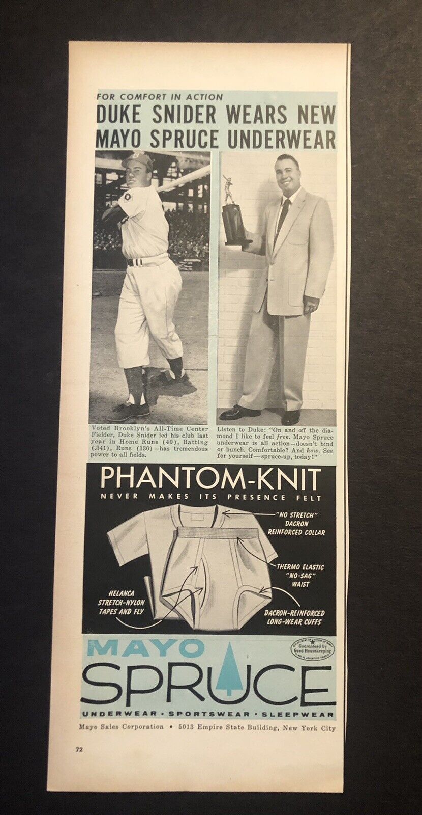 1950’s Baseball Player Duke Snider Mayo Spruce Underwear Magazine Ad