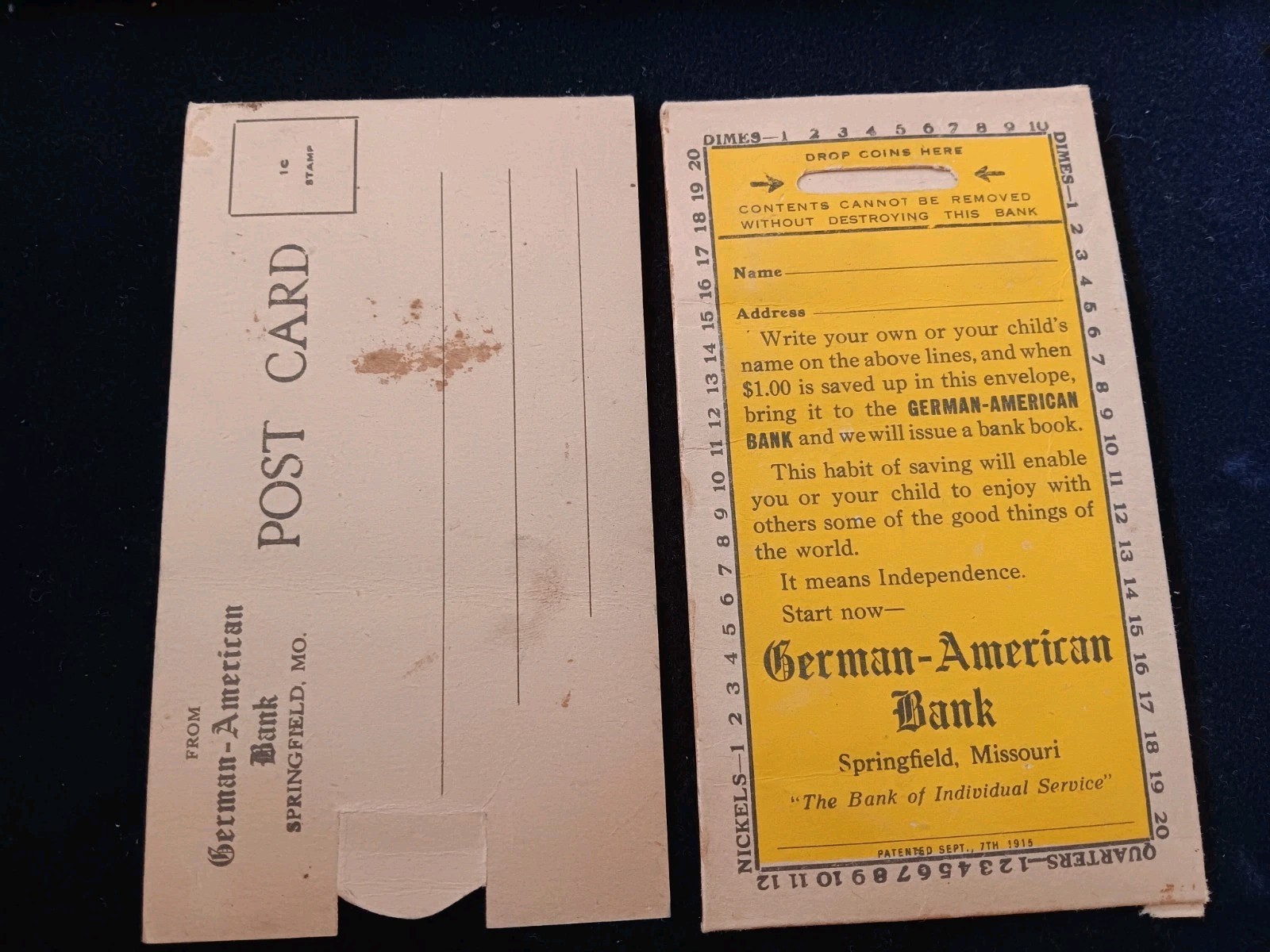 Antique 1915 German-American Bank Mailing Envelope Novelty Coin-Saver Card MO Antique 1915 German-American Bank Mailing Envelope Novelty Coin-Saver Card MO
