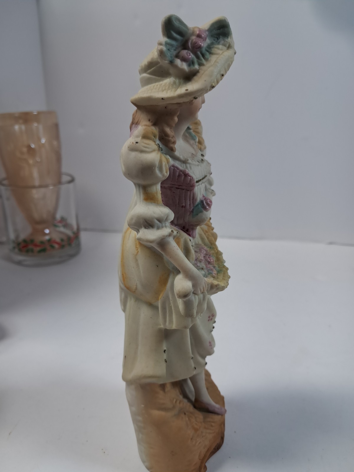 Vintage Bisque Porcelain Figurine Victorian Lady with Rose Basket & Floral Hat Vintage Bisque Porcelain Figurine Victorian Lady with Rose Basket & Floral Hat