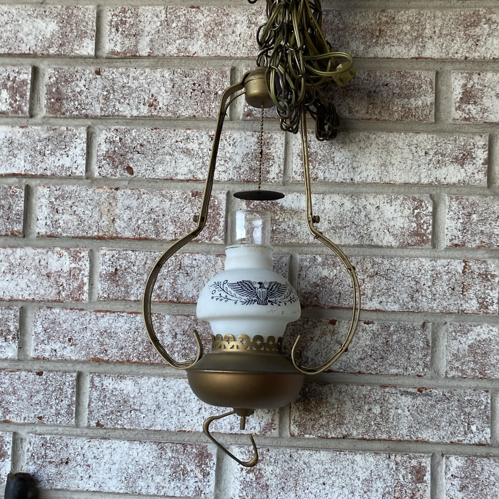 Vintage Hurricane Swag Lamp Hanging Light Brass Frosted Glass American Eagle 70s Vintage Hurricane Swag Lamp Hanging Light Brass Frosted Glass American Eagle 70s