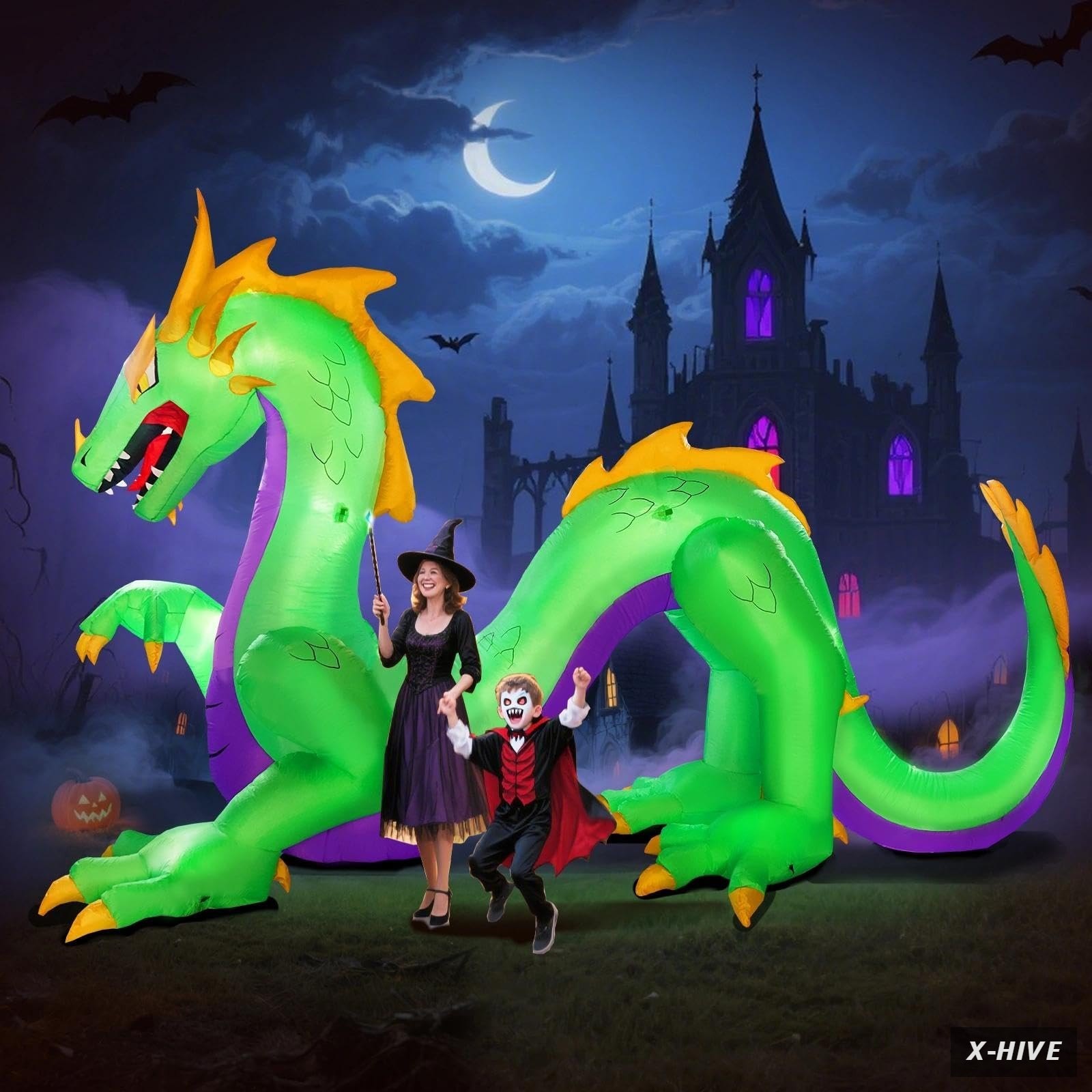 Giant 14FT Length 9FT Tall Green Dragon Halloween Inflatables, Halloween Dragon