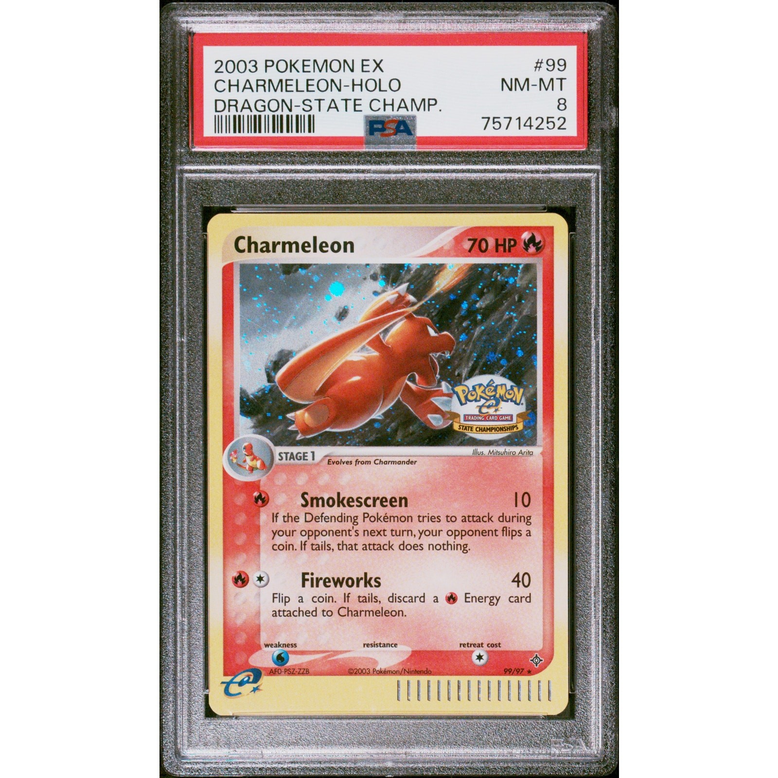 PSA 8 2003 POKEMON EX DRAGON #99 CHARMELEON-HOLO DRAGON-STATE CHAMP. PSA 8 2003 POKEMON EX DRAGON #99 CHARMELEON-HOLO DRAGON-STATE CHAMP.