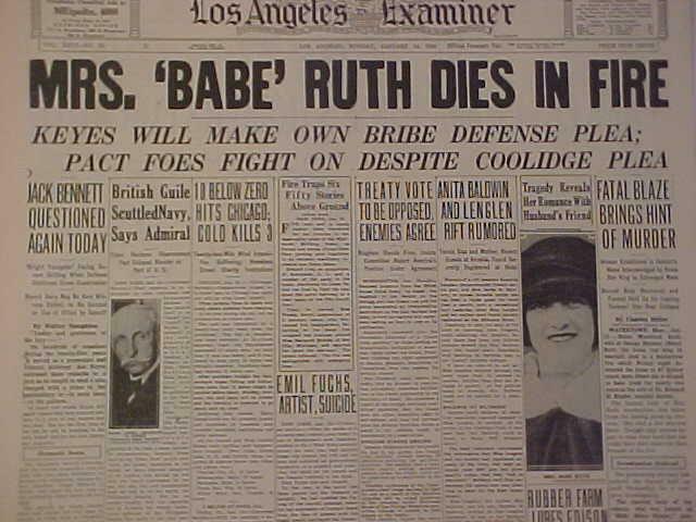 VINTAGE NEWSPAPER HEADLINE~BASEBALL YANKEE BABE RUTHS WIFE MURDER FIRE DEAD 1929