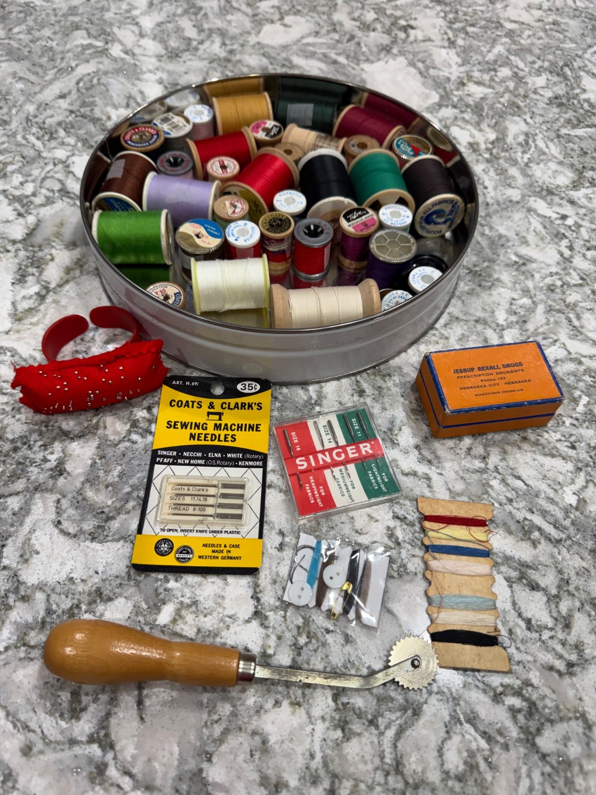 Vintage Sewing Notions Lot Thread Spools ,Needles, Buttons, pins, kits, etc